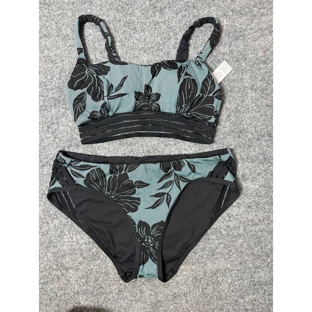 Time & Tru Womens L Green Floral Bikini Swimsuit Womens 2 Piece Lined Stretch